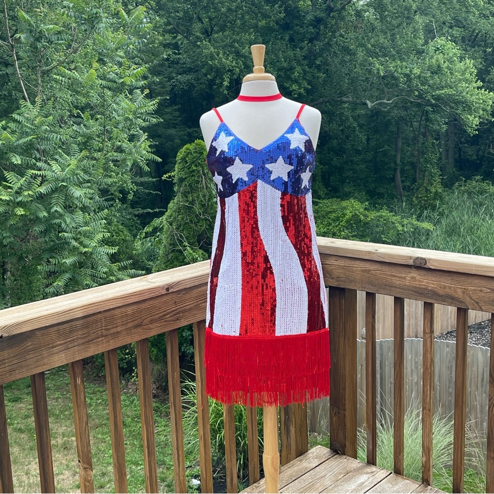 Patriotic Sparkle Dress USA Sequined Dress 4th of July Flapper Style. Size.8-12.